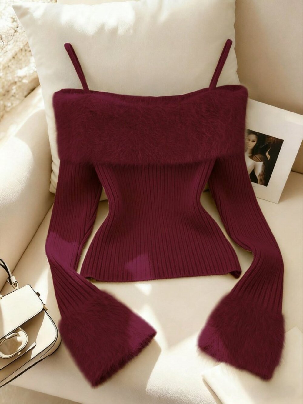 Burgundy Casual Women's Sexy Chic High-End Furry Collar Off Shoulder Sweater